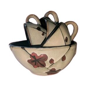 Vintage Floral Ceramic Nesting Measuring Cups Set of 4 Brown Beige